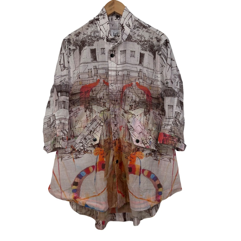 Luii Womens Small Artistic Architectural Sketch Print High Low Snap Jacket